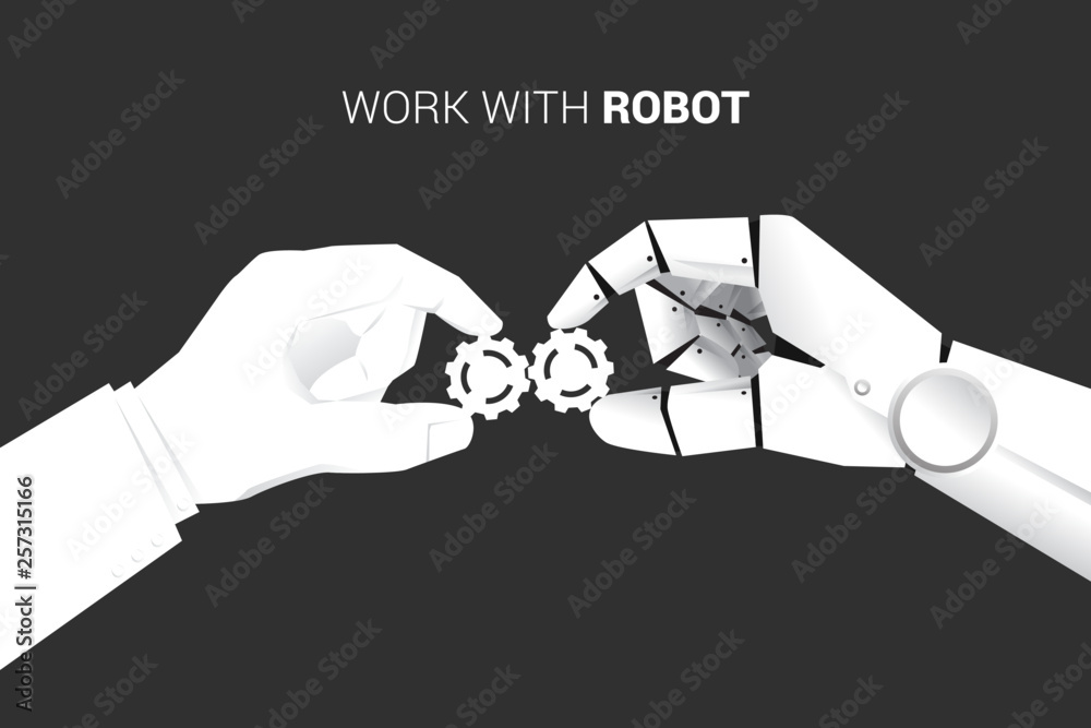 Poster close up businessman and robot hand put gear to fit together. business concept of solution and working with machine learning. Artificial Intelligence management.