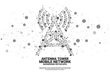 Antenna Tower icon polygon style from dot and line connection with mobile device icon. Concept of telecommunication mobile and data technology