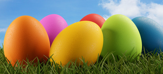 easter eggs green grass field and blue sky 3d-illustration