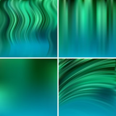 Abstract vector illustration of background with blurred light lines. Set of four square backgrounds. Curved lines. Green, blue colors.