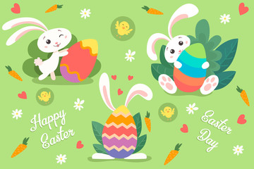 Cute white bunnies on green background with floral elements and eggs, Vector illustration for your design