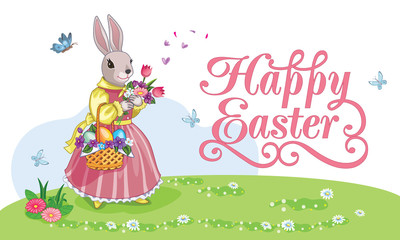 Cute white rabbit or bunny with Easter basket. Romantic gift. Fairytale story. Isolated cartoon illustration for print or sticker. Vintage holiday poster, card. Wonderland. Happy Easter. Vector.