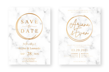 Wedding card design with golden frames and marble texture. Wedding announcement or invitation design template with geometric patterns and luxury background