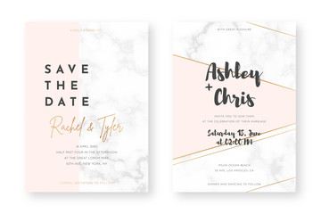 Wedding card design with golden frames and marble texture. Wedding announcement or invitation design template with geometric patterns and pink background