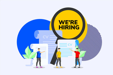 Business recruiting concept we are hiring design with magnifying glass, curriculum vitae choosing people in blue background. Tiny people characters concept illustration for banner, web, landing page.