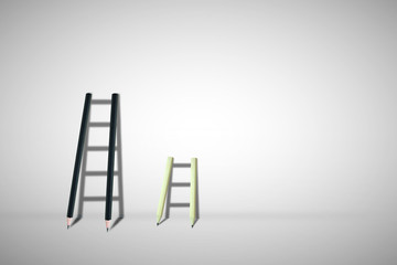 Business Idea and Competition Concept : Short and long ladder lean on gray wall.