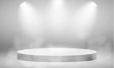 Round pedestal. Stage podium with lighting. Winner podium and Scene with for Award Ceremony concept. Stage backdrop on fog effect.  vector Illustration