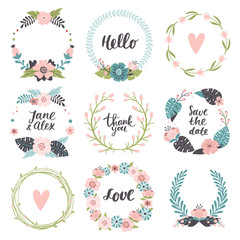 Set of cute hand-drawn Spring banners. Vector illustrations with spring flowers, leaves berries and different text. Great for a sell-out, banner, frame, website, flyer, postcard, print or email.