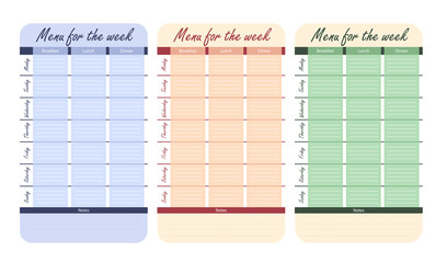 3 color menu options for the week. template for food diary. meal plan for the week vector