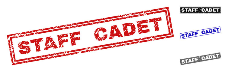Grunge STAFF CADET rectangle stamp seals isolated on a white background. Rectangular seals with grunge texture in red, blue, black and grey colors.
