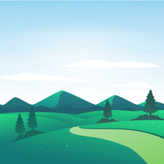 Vector illustration of nature landscape on a sunny day in the Countryside with a mountains