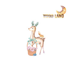 Cute Little Deer with flowers basket and pink cake for celebration and birthday card. Watercolor clip art, painting illustration on white background