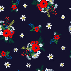 Fototapeta na wymiar Seamless floral pattern with cute small ditsy flowers. Vector illustration. 