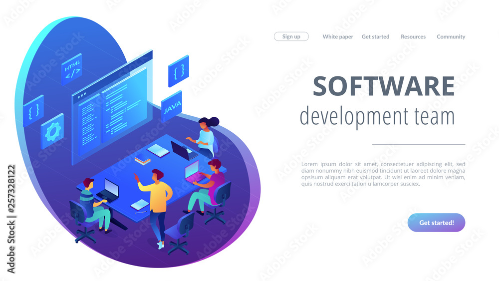 Wall mural software development team isometric 3d landing page.