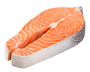 salmon, trout, steak, slice of fresh raw fish, isolated on white background, clipping path, full depth of field