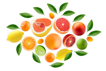 citrus isolated on white background, pomelo, grapefruit, orange, lemon, tangerine, lime, kumquat, flat lay, top view