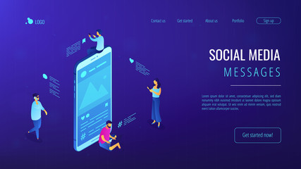 Social media messages isometric 3D landing page.