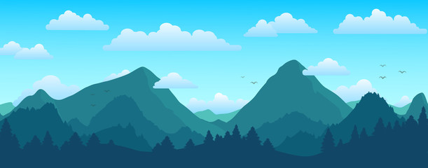 Mountains and forest landscape on sunny day