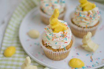 Lemon poppy seed cupcake with easter chocolate bunny and eggs close up selective focus