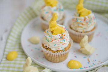 Lemon poppy seed cupcake with easter chocolate bunny and eggs close up selective focus
