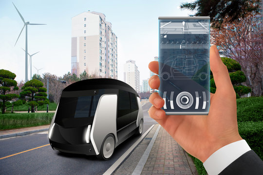 Control of autonomous bus by futuristic smartphone with mobile app . Concept.