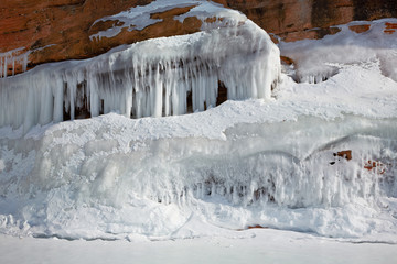 Ice build up on the frozen shores of Lake Superior near the Apostle Islands, Wisconsin
