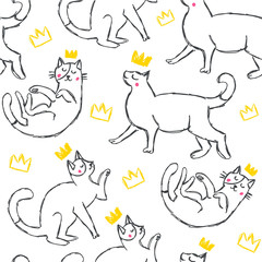 Hand drawn funny cats with hearts in sketch style