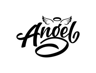 Vector lettering illustration of "Angel" with wings and nimbus text for clothes. Lucky for badge, tag, icon, print. Inspirational quote. Calligraphic background. Celebration typography poster.