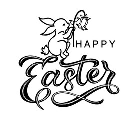 Hand sketched Happy Easter typography lettering poster . Modern calligraphy with rabbit and flower. Sign isolated on white background. Vector illustration.