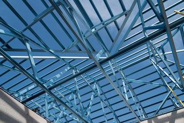 Structure of steel roof frame for building construction.