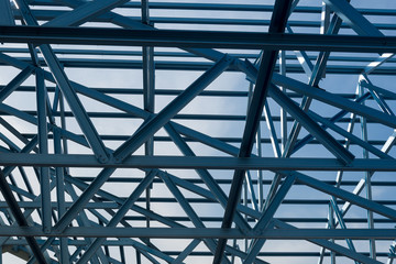 Structure of steel roof frame for building construction.