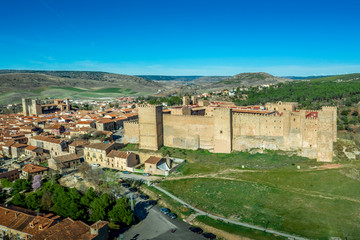 Siguenza aerial panorama of castle and town with blue sky in Spain