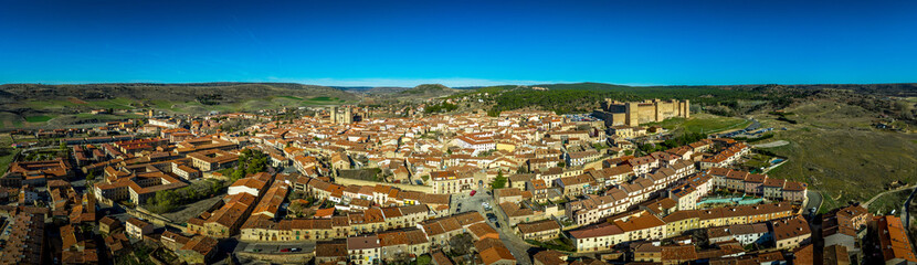 Fototapeta na wymiar Siguenza aerial panorama of castle and town with blue sky in Spain