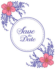 Vector illustration marriage invitation card with artwork frame flower pink leaf purple