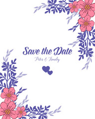 Vector illustration writing save the date with elegant purple leaf floral frame