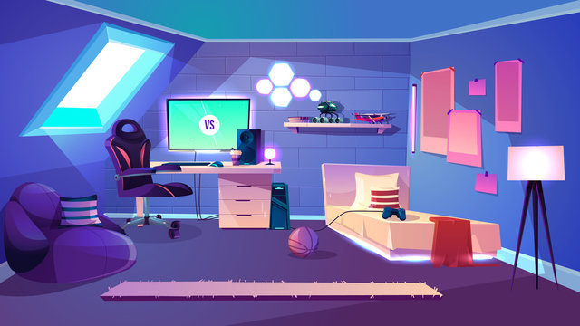 Teenager boy cozy room on attic interior cartoon vector with roof window, illuminated bed, computer monitor or TV, comfortable armchair near work desk, toys on shelf and placards on wall illustration