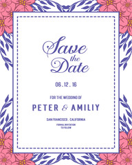 Vector illustration card save the date with various shape purple leaf wreath frames