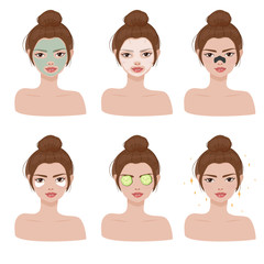 beautiful woman spa face collection vector illustration