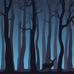 Night forest landscape with bare trees and deer. Vector illustration
