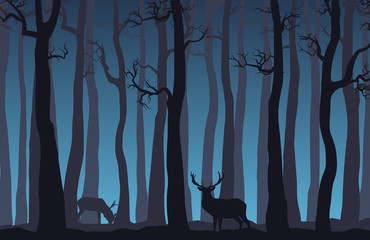 Night forest landscape with bare trees and two deer. Vector illustration