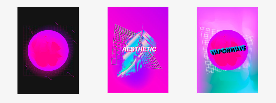 Set of posters Vaporwave, seapunk, synthpop style, neon aesthetics of 80s. Tropical summer theme.