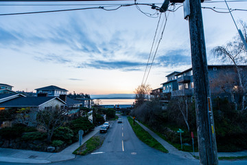 Train Cars Sunset Hill in Seattle at Sunset in Spring