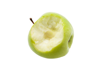 Green apple bitten on a white background. Isolated.