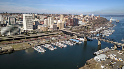 Aerial View Over Downtown Tacoma Washington Waterfront Commencement Bay