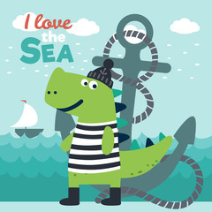 Funny dinosaur in sailor costume with stripped shirt and sailor hat. Cute dinosaur with ships anchor and rope