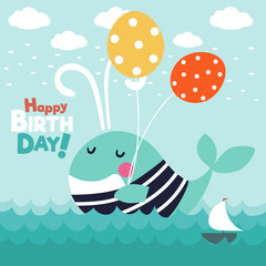 Cute funny whale with stripped shirt and balloons. Happy birthday - lovely vector card