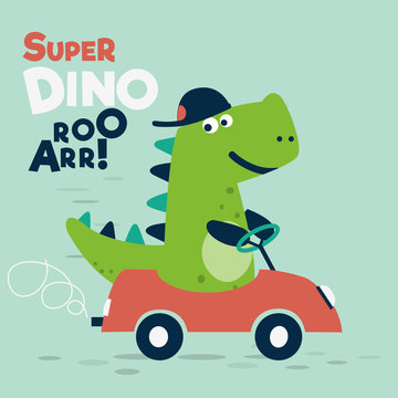 Funny, Cute Dinosaur With Car