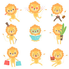 Cute Little Lion Set, Funny African Animal Cartoon Character in Different Situations Vector Illustration