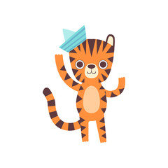 Fototapeta na wymiar Cute Little Tiger in Paper Cap Waving its Paw, Adorable Wild Animal Cartoon Character Vector Illustration