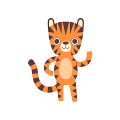Fototapeta na wymiar Cute Little Tiger Waving its Paw, Adorable Wild Animal Cartoon Character Vector Illustration